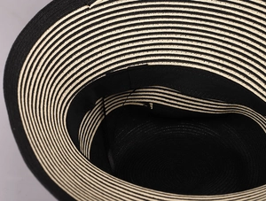 Detailed macro view of woven texture and striped brim on a French vintage sun hat
