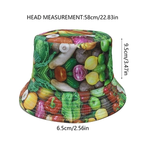 Detailed dimension guide for vegetable print bucket hat showing brim and height measurements