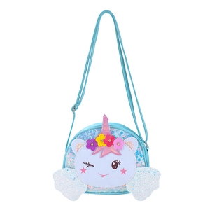 Detail of blue unicorn crossbody bag featuring sequined wings and floral embroidery