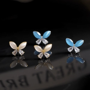 Elegant 925 silver butterfly earrings with cat eye stones and sparkling zircon crystals
