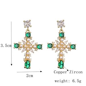 Detailed dimensions of gold cross earrings with green zircon in copper material