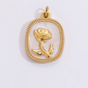 Detail of rose embossed oval pendant with white enamel and 18k gold plated frame