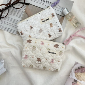 Quilted floral makeup bag set with cute bear and animal prints in soft cotton
