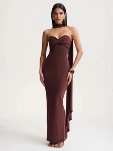 Brown halter neck backless slim maxi dress with stylish neck ribbon and ruched detail