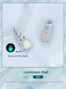 Detailed S925 sterling silver luminous owl charm with green gemstone eyes for bracelets