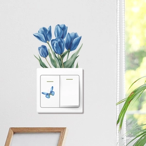 Romantic blue tulip flower wall sticker and butterfly switch decal for bedroom decor