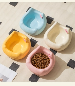 Macro shot of colorful ceramic cat bowls with 3D bowknot detail and dry food