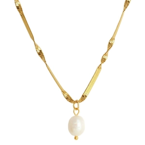 Gold stainless steel flat snake chain necklace with a white freshwater pearl pendant