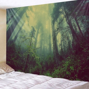 Detailed close-up of forest landscape tapestry showing sunbeams through green trees