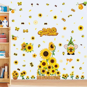 Sunflower gnome wall decals set with bees and Hello Sunshine text for home decor