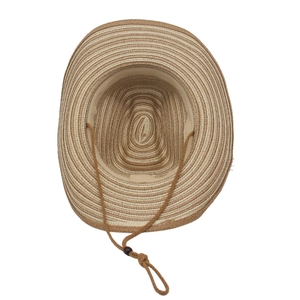 Detail view of woven straw jazz hat with striped pattern and adjustable chin strap