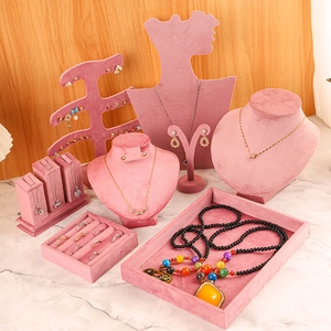 Jewelry Display Stand Pink Velvet Necklace Portrait Earring Tree Ring Tray Holder Organizer For Shop Counter Home