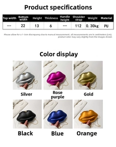 Detaillierte Größentabelle und Farbauswahl der Lippen-förmigen Metallic-PU-Kettenhandtaschen