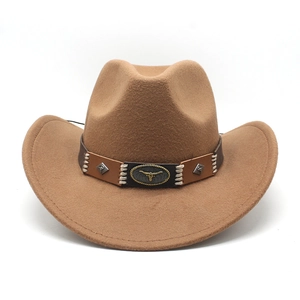 Detail of western wool felt cowboy hat with leather band and metal bull head ornament