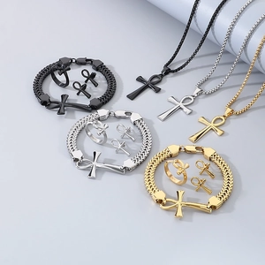 Ancient Egyptian Ankh Life Cross Jewelry Stainless Steel Necklace Bracelet Ring Earrings Hip Hop Style Vintage Mens Accessory