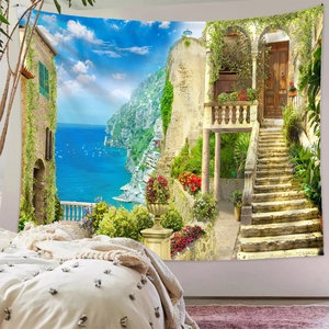 Detail of Mediterranean seaside tapestry featuring vibrant cliff houses and blooming flowers