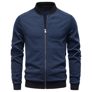 Men's navy blue casual bomber jacket with a baseball collar and ribbed trim details