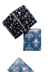 Detailed view of occult skull patterns on gothic style short zip wallets for men and women