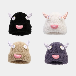 Lustige Monster Plüsch Beanie Mütze Kunstpelz Langhaar Gestreifte Hörner Große Augen Warm Winter Outdoor Party Kawaii Cartoon