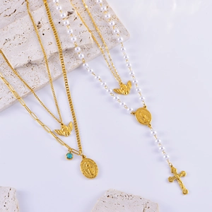 Retro Layered Stainless Steel Necklace Virgin Mary Cross Angel Pendant Faux Artificial Pearl Turquoise Religious Jewelry For Women