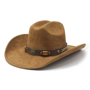 Brown faux suede western cowboy hat with decorative beaded band and bull head badge