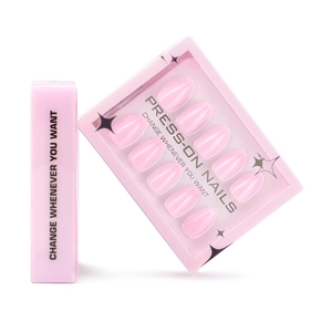 Glossy Pink Press On Nails Almond Shape Solid Color Artificial Fingernails For Women With Glue