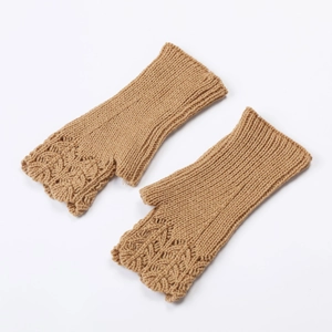 Detail showing camel knit fingerless gloves with elegant wavy edges and ribbed texture