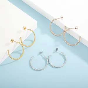 Stainless Steel Hoop Earrings Hammered Texture C-Shaped Geometric Irregular Minimalist Earrings For Women