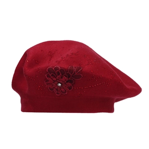 French style deep red knitted beret with rhinestone flowers and sequin accents