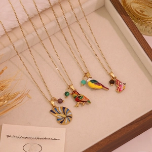 Stainless Steel Pendant Necklace Dimensional Colorful Enamel Bird Butterfly Seashell French Vintage Chic Clavicle Chain Jewelry