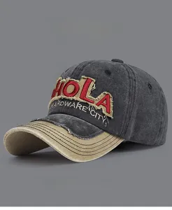 Macro detail of distressed washed cotton baseball cap with HOLA 3D embroidery