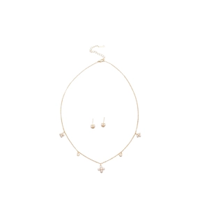 Elegant gold plated necklace and earring set with pearls and zircon flower pendants