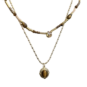Gold plated double layer necklace with tiger eye stone and beaded waterdrop pendant