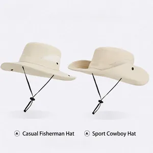 Beige wide brim outdoor sun hat with breathable mesh and adjustable chin strap