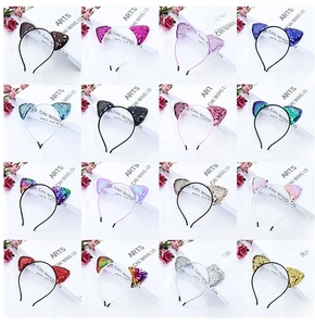 Detailed grid view showcasing sixteen colorful sequin cat ear headbands in various shades