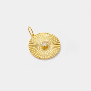 Golden round sunburst pendant with center crystal on a clean white background