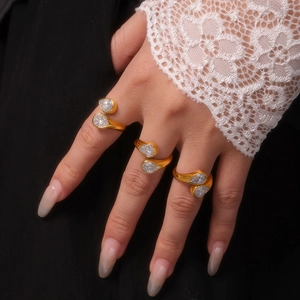 18k gold plated stainless steel open ring featuring two pear-cut cubic zirconia stones