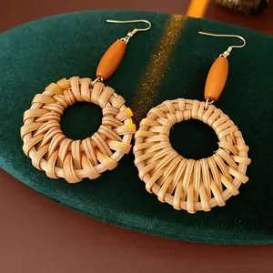 Boucles D'oreilles Créoles En Rotin Et Osier Avec Perle En Bois Et Tige En Acier Bijoux Bohèmes Ethniques Vintage Femmes