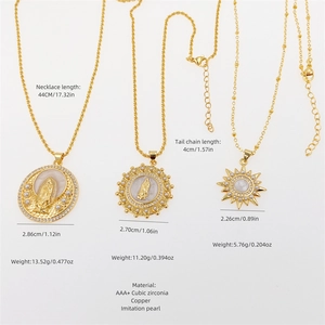 18k gold plated Virgin Mary necklace with zircon and pearls on white background