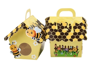 Detail view of yellow bee party gift box featuring clear window and cartoon fence pattern