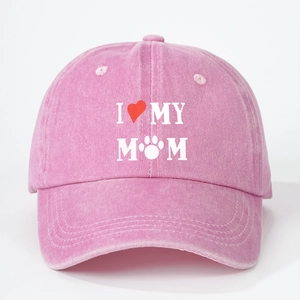 Detail of pink washed cotton baseball cap with white I Love My Mom heart print