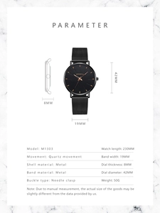 Detailed dimension guide for the Geneva black mesh band quartz watch with specifications