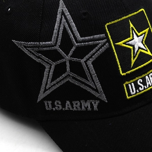 Close-up of premium U.S. ARMY 3D embroidery and five-point star on black twill cap