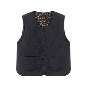 Women's reversible quilted vest with black finish and leopard print interior lining