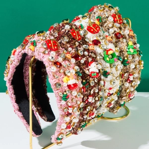Christmas Santa Claus Tree Tweed Headband For Women Faux Artificial Pearl Rhinestone Embellished Festive Hair Accessory Party Hairband