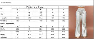 Guide des tailles détaillé pour pantalon évasé métallisé avec mesures précises