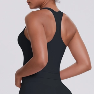 Detail view of the black racerback sport tank top with high elasticity fabric