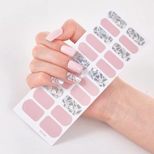 Macro detail of model hand wearing SS-038 pink and silver geometric nail art stickers
