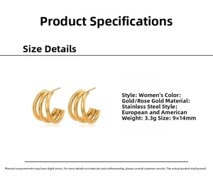 Detailed size chart for triple layer C-shaped gold stainless steel hoop earrings