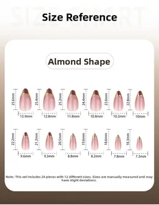 Size chart detail for almond press-on nails featuring 12 sizes and 24 pieces set